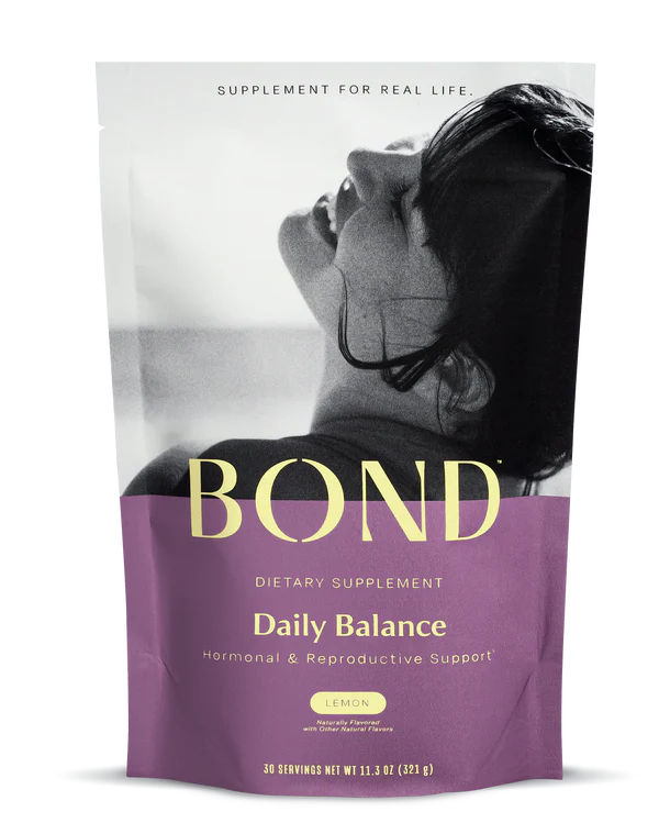 BOND Daily Balance:Pouch bag; purple/white label; woman photo art; BOND minimalist branding; 30 servings.